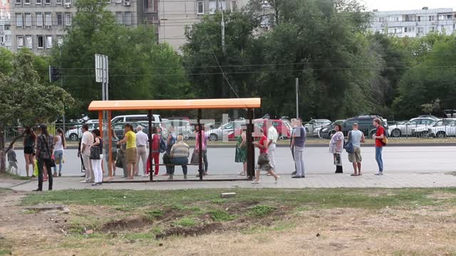 People waiting at the bus stop.
Bus, minibus, taxi, people, passengers, stop, road, cars Bus,...