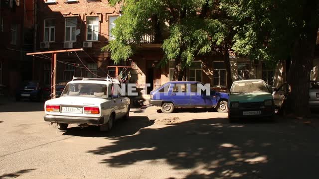 Old cars in the yard machine, yard, summer, Moscow courtyard, clotheslines, Laundry on...