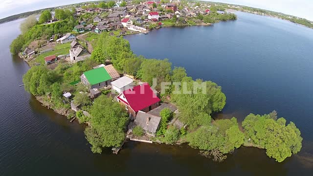 Aerial photo, view from height of bird's flight, the city of Sebezh, small houses with red roof,...