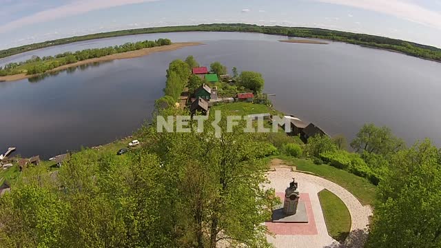 Aerial photography, koperna shooting, the memorial sign in the town of Sebezh, around water space...