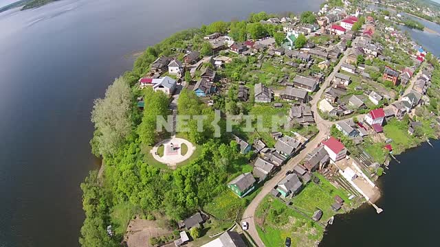 Aerial photo, view from height of bird's flight, the city of Sebezh, small houses with red roof,...