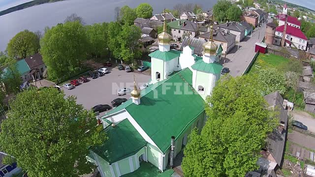 Aerial photo, view from height of bird's flight, the city of Sebezh, the Trinity Church, a small...