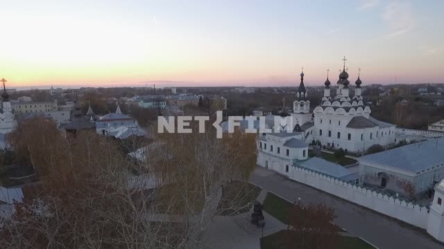 Aerial photo, survey copter, an Orthodox monastery, Murom city, sunset town, autumn, in the...