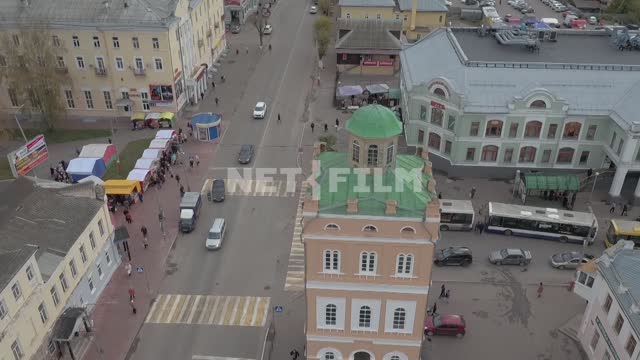 Aerosjemka, survey copter, a top view of the main street of the Murom, the clock tower, old houses,...