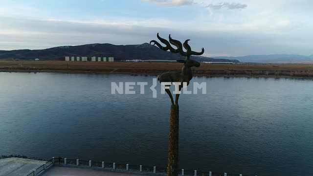 Aerial photo, survey copter, the Yenisey river embankment , city of Kyzyl, the monument - symbol of...