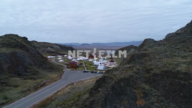 Aerial photo, survey copter, Yurt camp Aldyn Bulak from the height of bird flight, mountains,...