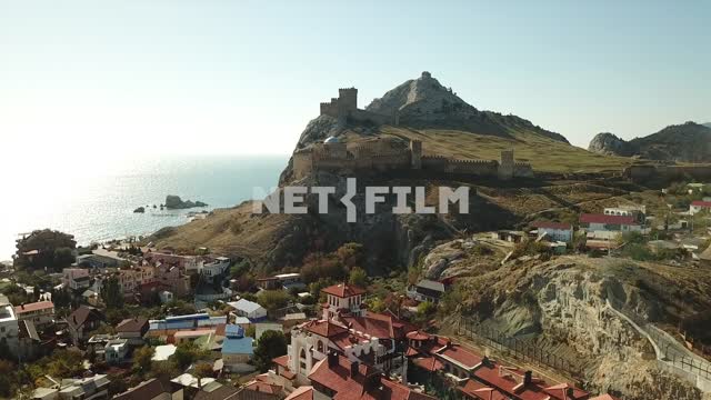 Aerial photo, survey copter, Sudak fortress, Sudak, the sea, the sky, the red roofs of the houses,...