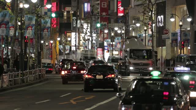 Токио. Япония. Вечерний город. Реклама. Огни. Автомобили едут по дороге. Осень. Токио. Япония....