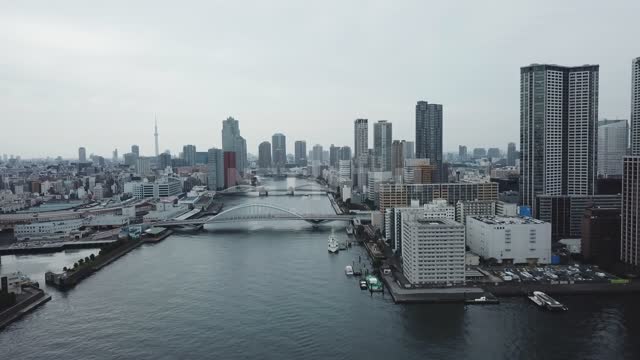 Токио. Пролет на квадрокоптере над городом. Река Аракава. Осень. Токио, Япония, Квадрокоптер,...