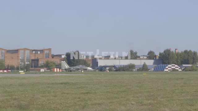 Views of military airfield.
Istrebitel leaves the runway.
Russia, airfield, military airfield,...