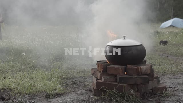 A cauldron boils on the fire.
Field, forest, settlement, house, home, pot, smoke, fire, flames,...
