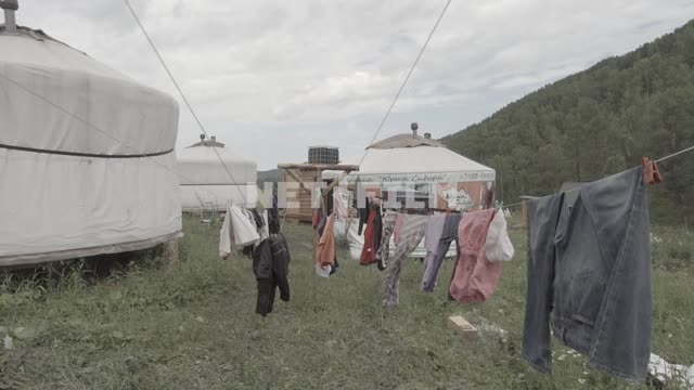 Clothes drying on ropes between the three yurts.
Yurt, yurts, linen, clothes, wash, rope, shirt,...