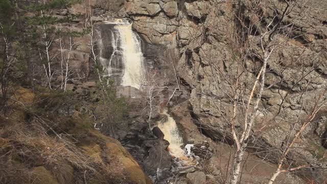 Gadelsha waterfall, view from the hill Waterfall, water, rifts, rocks, boulders, rocks, trees,...