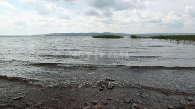 Aslikul Lake (Asylykul) Lake, water, pond, waves, Surf, rocks, shore, grasses, Aquatic plants,...