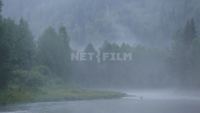 Nature of the Urals, fog over the river Mountains, Forest, Trees, River, Water, Rain, Fog, Nature