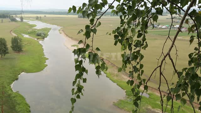 Природа Урала, вид с возвышенности на реку Гафурийский район, деревья, березы, ветви, листва, река,...