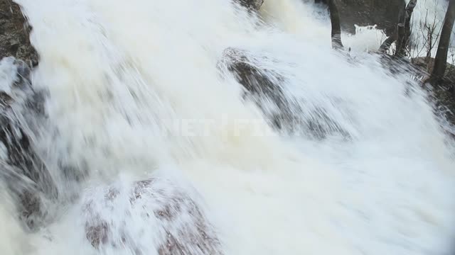 Водопад Кук-Караук, течение, съемка с движением над тропой и над водой Урал, Ишимбайский заказник,...