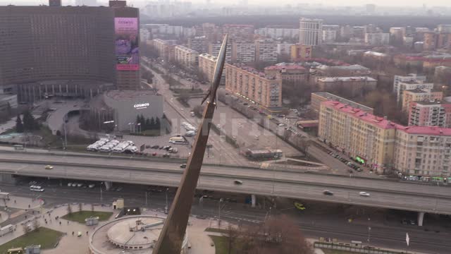 Shooting of the monument to the conquerors of space and the metro station VDNKH with a quadcopter....