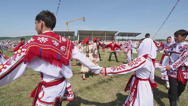 National holiday, round dances on the field Ural, Salavatsky district, holiday, national costume,...