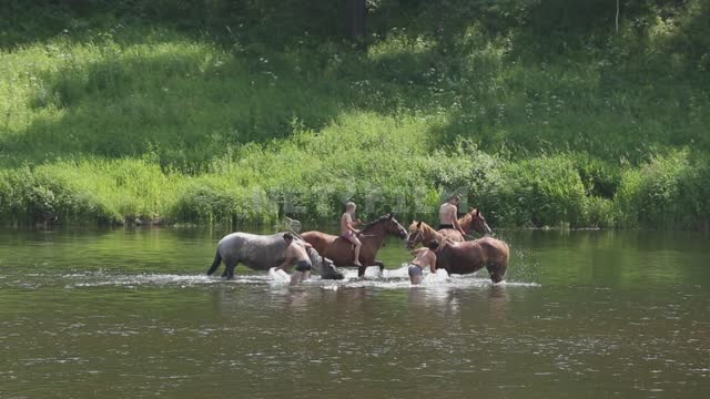 Дети купают лошадей в реке, ездят верхом Урал, Салаватский район, река, вода, лошади, кони, дети,...