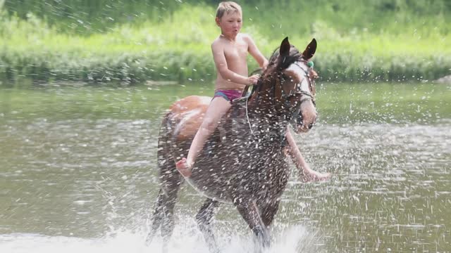 Children bathe horses in the river, ride on horseback Ural, Salavatsky district, river, water,...