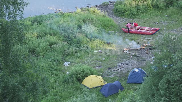 Tourist camp on the river bank Ural, Satkinsky district, Sikiyaz-Tamak, river, water, shore, trees,...