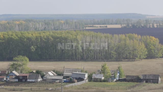 View of the village and agricultural fields Ural, fields, arable land, forests, trees, village,...