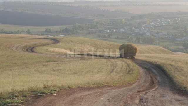 On a country road, a tractor carries hay, rear view Ural, fields, roads, hay, tractor, machinery,...