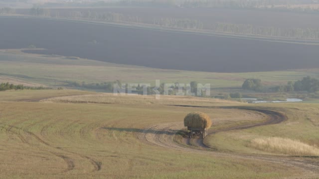 По проселочной дороге трактор везет сено, вид сзади Урал, поля, дороги, сено, трактор, техника,...