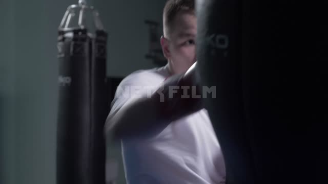 Boxer works with the punching bag in the gym. Boxing
Boxer
Punching bag
The gym
The ring