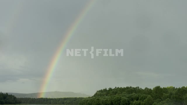 Rainbow on the background hills rainbow, trees, hills, nature, sky, summer, day, light