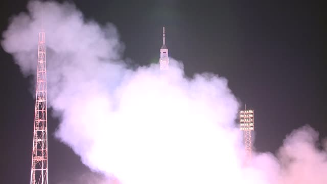 Beautiful launch of the Soyuz rocket in the night in the desert...