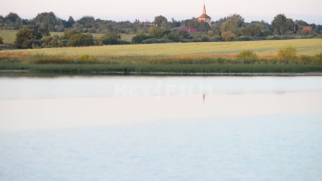 View of the river and field. River, field, nature, summer, trees, Bank, Church, Church dome, Sunny,...