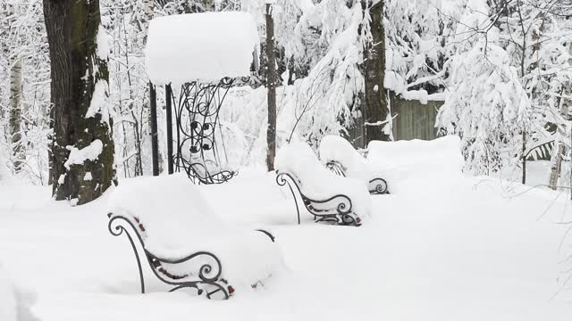 Заснеженные скамейки в лесу Снег, зима, скамейка, деревянный домик, беседка