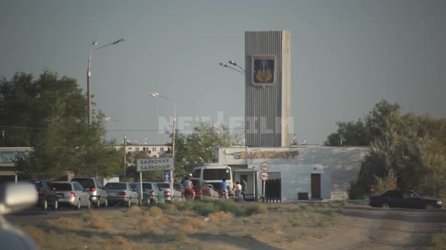 Traffic jam at the checkpoint at the entrance to the city of Baikonur....
