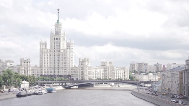 View of the high-rise building on the Kotelnicheskaya Embankment and the Bolshoy Ustinsky Bridge...