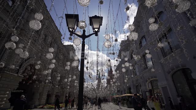 Festively decorated Nikolskaya Street Nikolskaya street, holiday, decorations, New Year, lantern,...