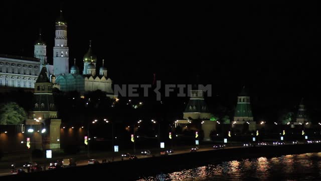 Night view of the Kremlin Kremlin, Moscow-river, embankment, cars, lights, lighting, towers, Ivan...