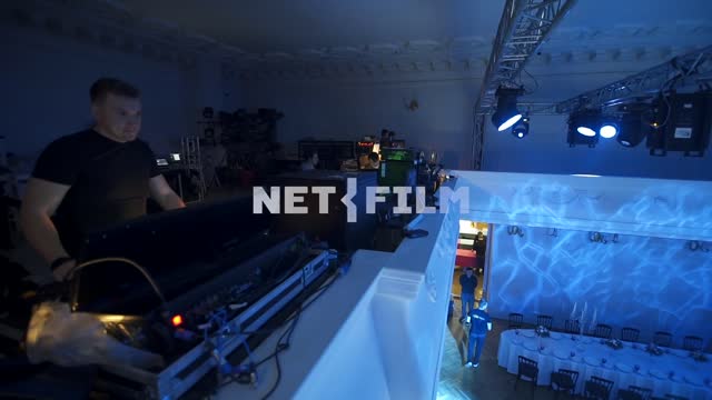 Preparation for the shooting of the New Year's program, the technical staff sets up the equipment,...