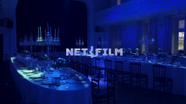 Preparation for the shooting of the New Year's program, an empty banquet hall Banquet hall, blue...