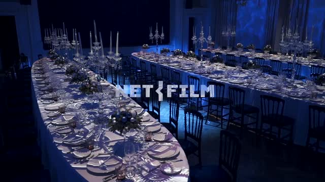 Preparation for the shooting of the New Year's program, an empty banquet hall Banquet hall, blue...