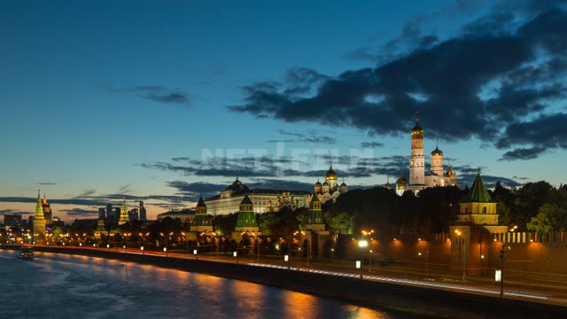 View of the Kremlin and the embankment, the onset of evening Moscow-river, embankment, lights,...