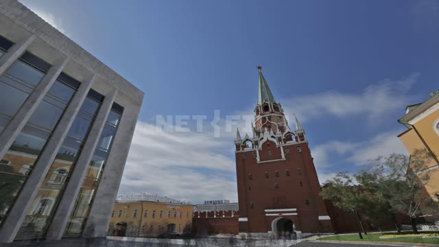 The Kremlin, the Trinity Tower Kremlin, Red Square, Trinity Tower, people, trees, clouds, timelapse