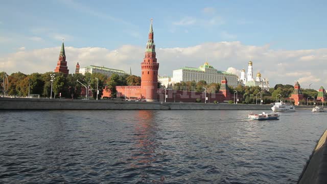 View of the Kremlin from the Bolshoy Kamenny Bridge, under the bridge pass pleasure boats...