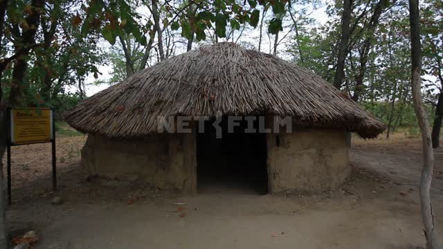 Tanais Museum-Reserve, a clay hut with a thatched roof Tanais, hut, clay, earth, reeds, trees, wind