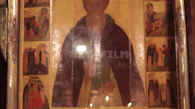 Trinity-Sergius Lavra, icon with the image of St. Sergius of Radonezh, shot from bottom to top...