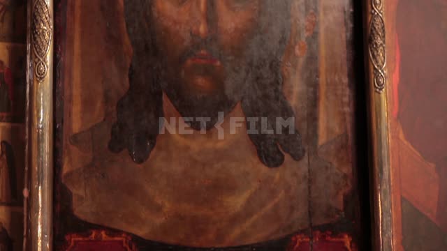 Trinity-Sergius Lavra, church, iconostasis fragment, image of Jesus Christ, bottom-up shot...