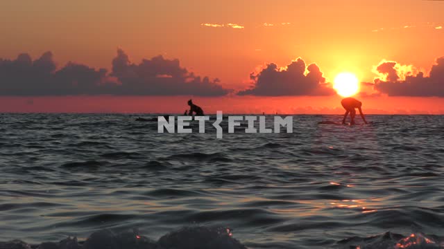 Sochi, sunset over the sea, people learn to swim on boards with paddles Sochi, Black Sea, waves,...