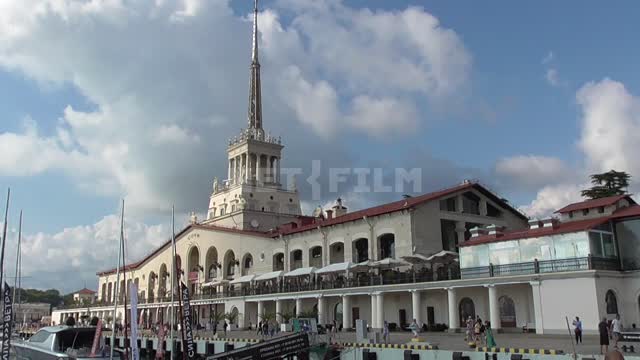 The building of the seaport on the embankment of Sochi Port, boats, pier, black sea, wave, tourist,...