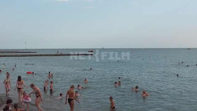 Черное море, пляж, в море плавают люди, дети с надувными кругами Черное, море, плавают, люди, дети,...